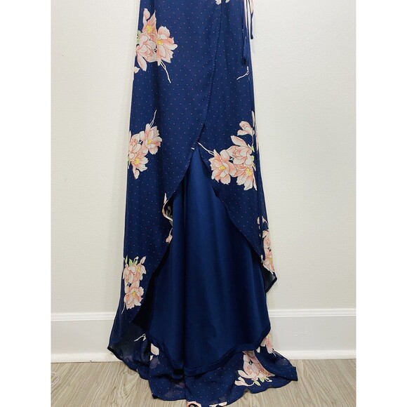 Lulus Maxi Dress Loiselle Navy Blue Floral Print Polka Dot Wrap Dress Size XS - Picture 5 of 10